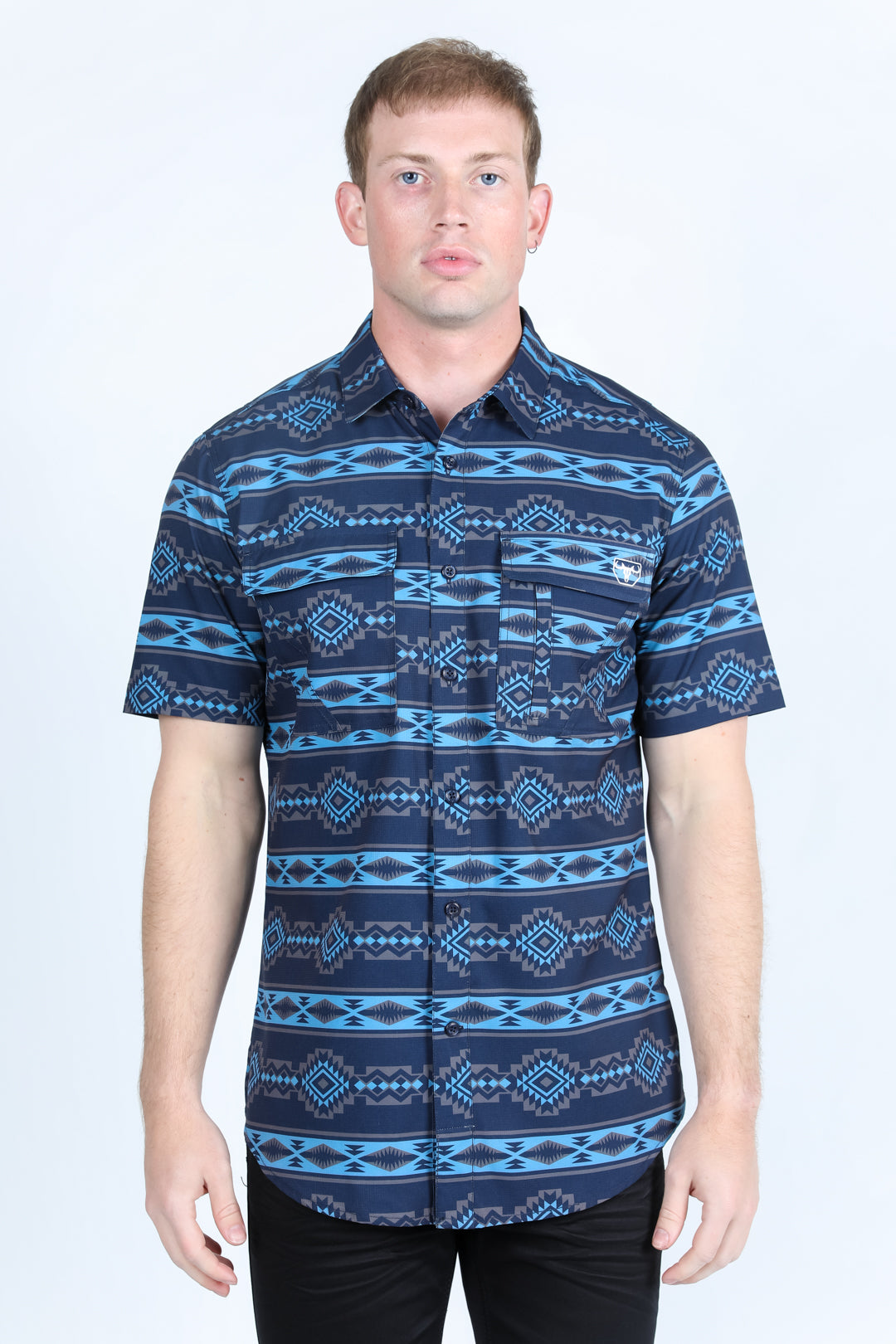 Mens Classic Fit Performance Short Sleeve Aztec Print Shirt - Navy