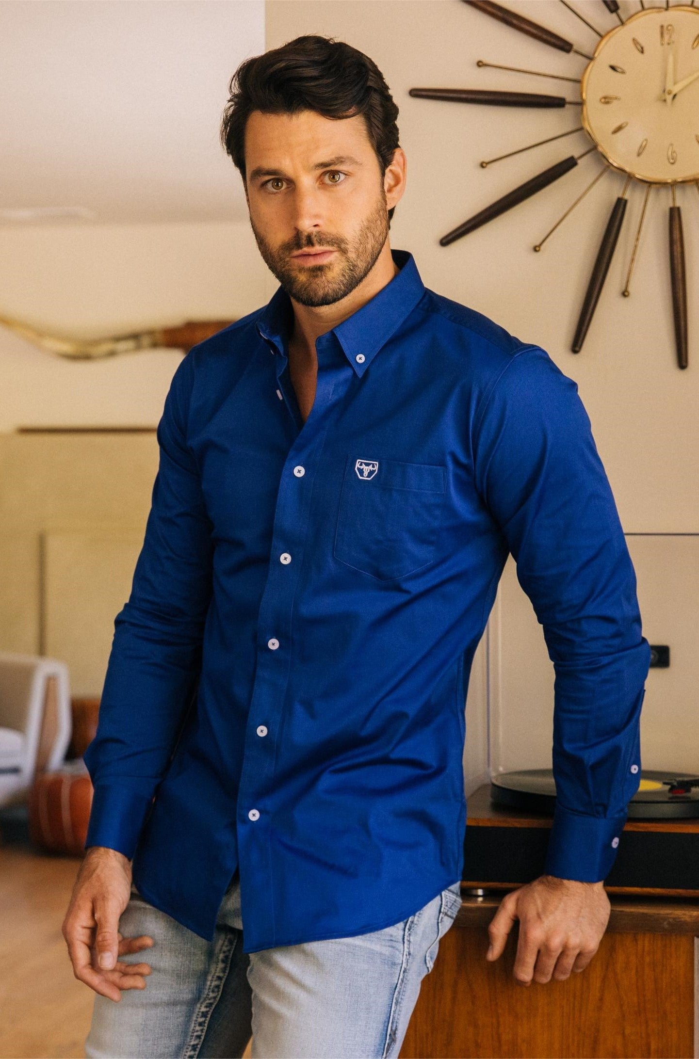 Royal blue dress shirt mens on sale