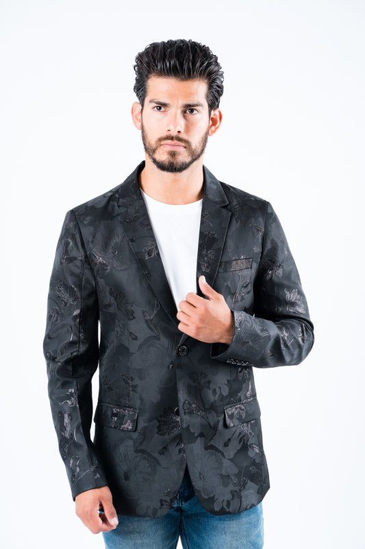 Men's Double Button Black Flowers Print Blazer