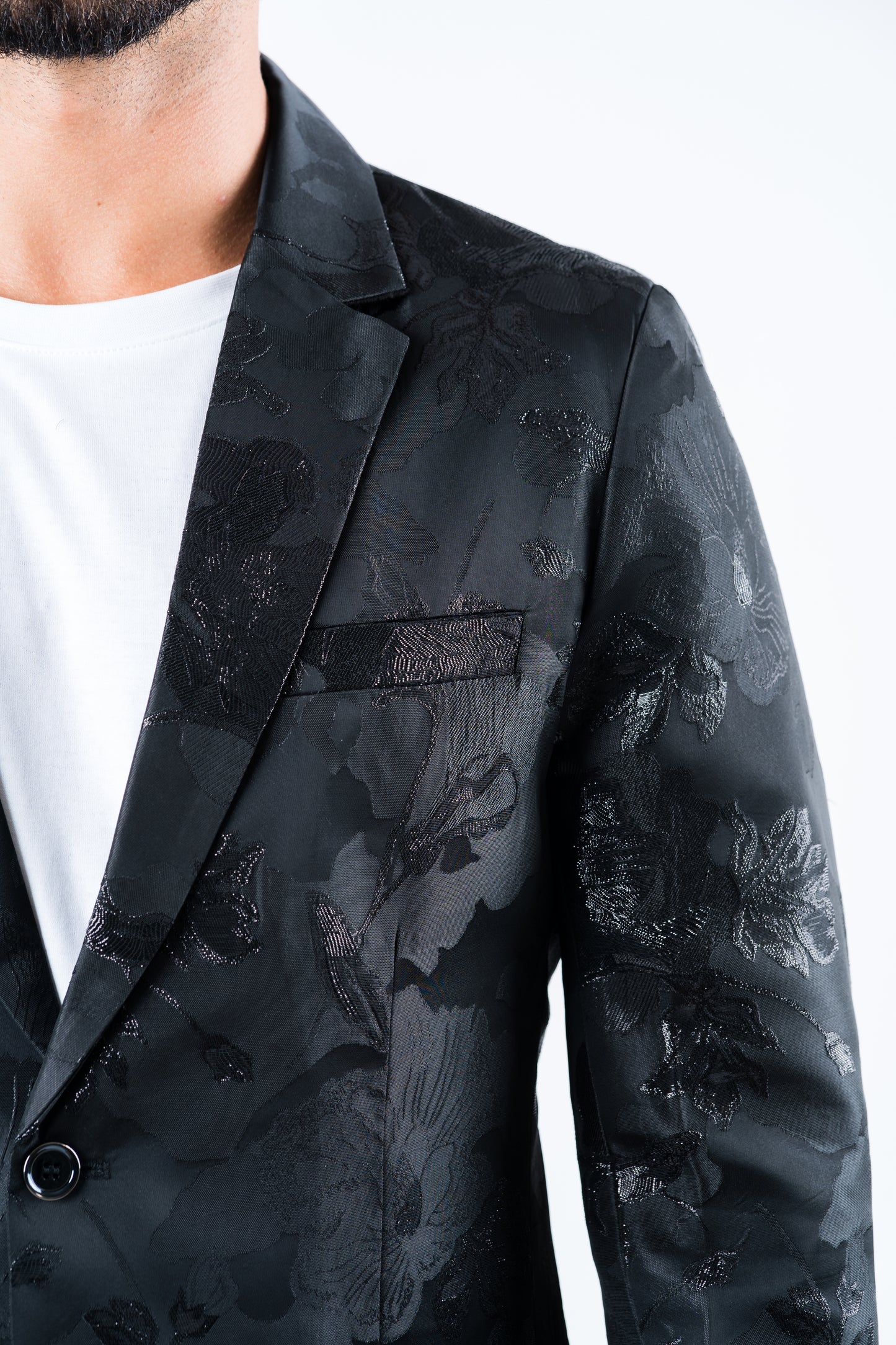 Men's Double Button Black Flowers Print Blazer