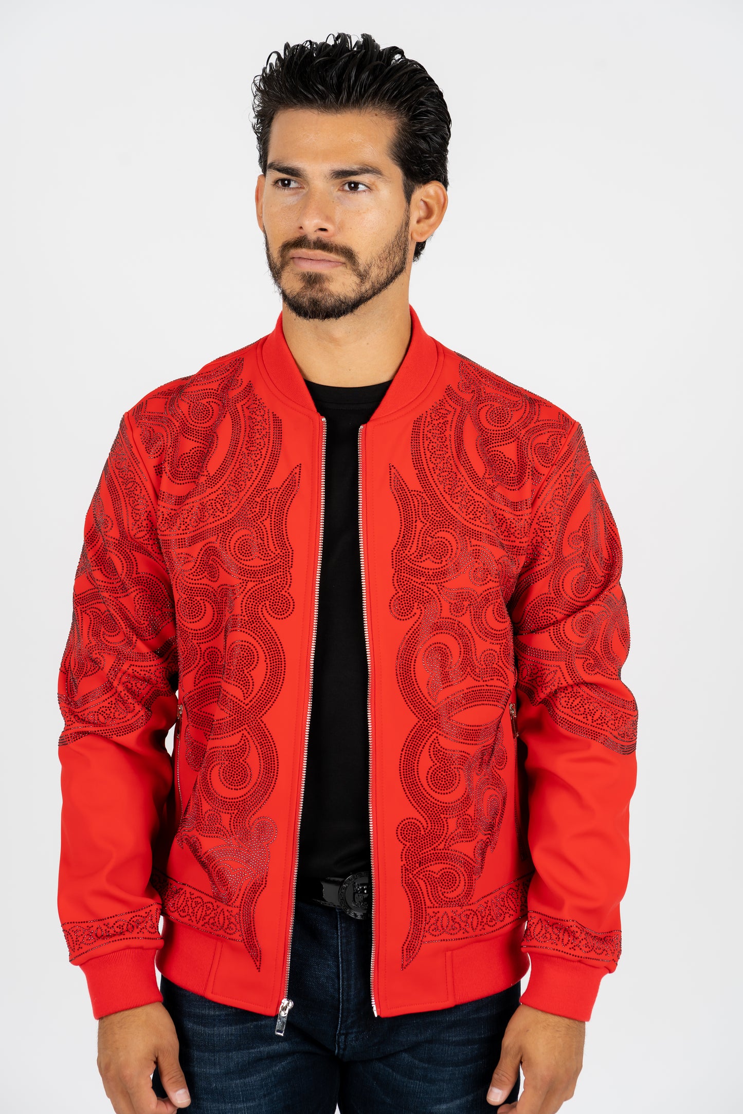 Men's Red Rhinestone Bomber Jacket