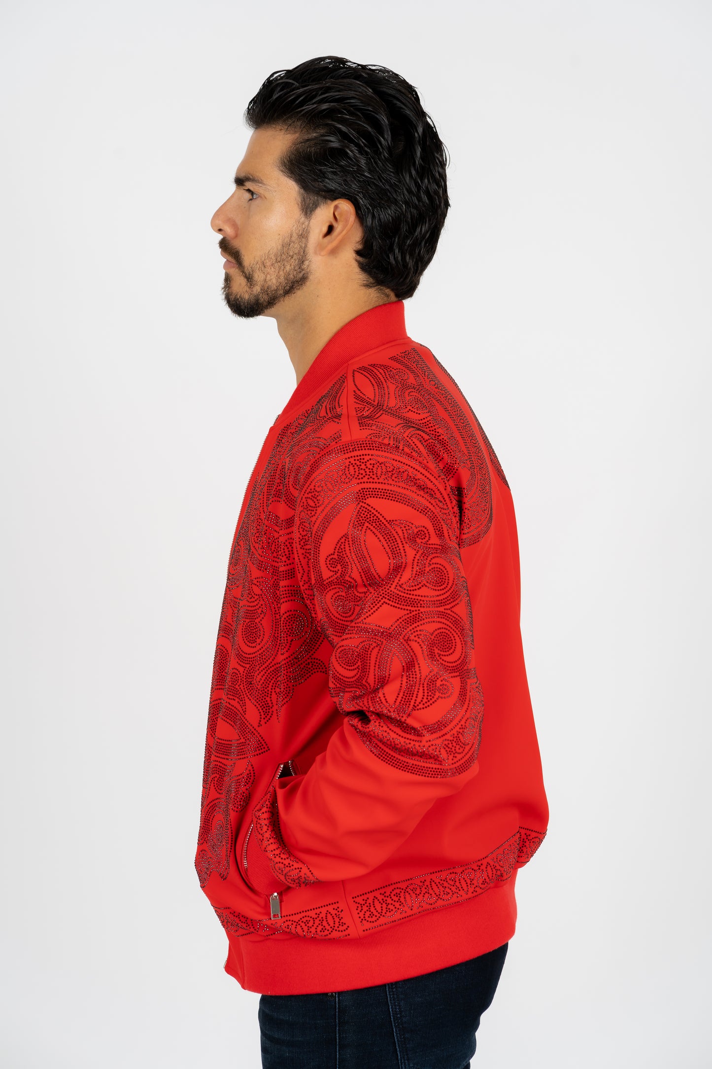 Men's Red Rhinestone Bomber Jacket