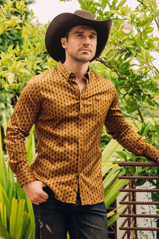 Men's Cotton Gold Aztec Digital Print Dress Shirt