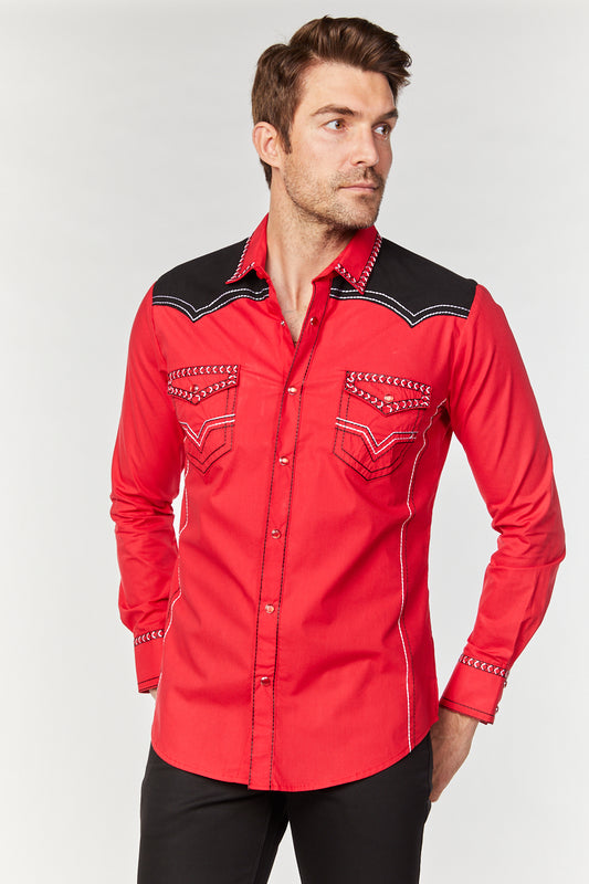 Mens Red Western Shirt with Suede