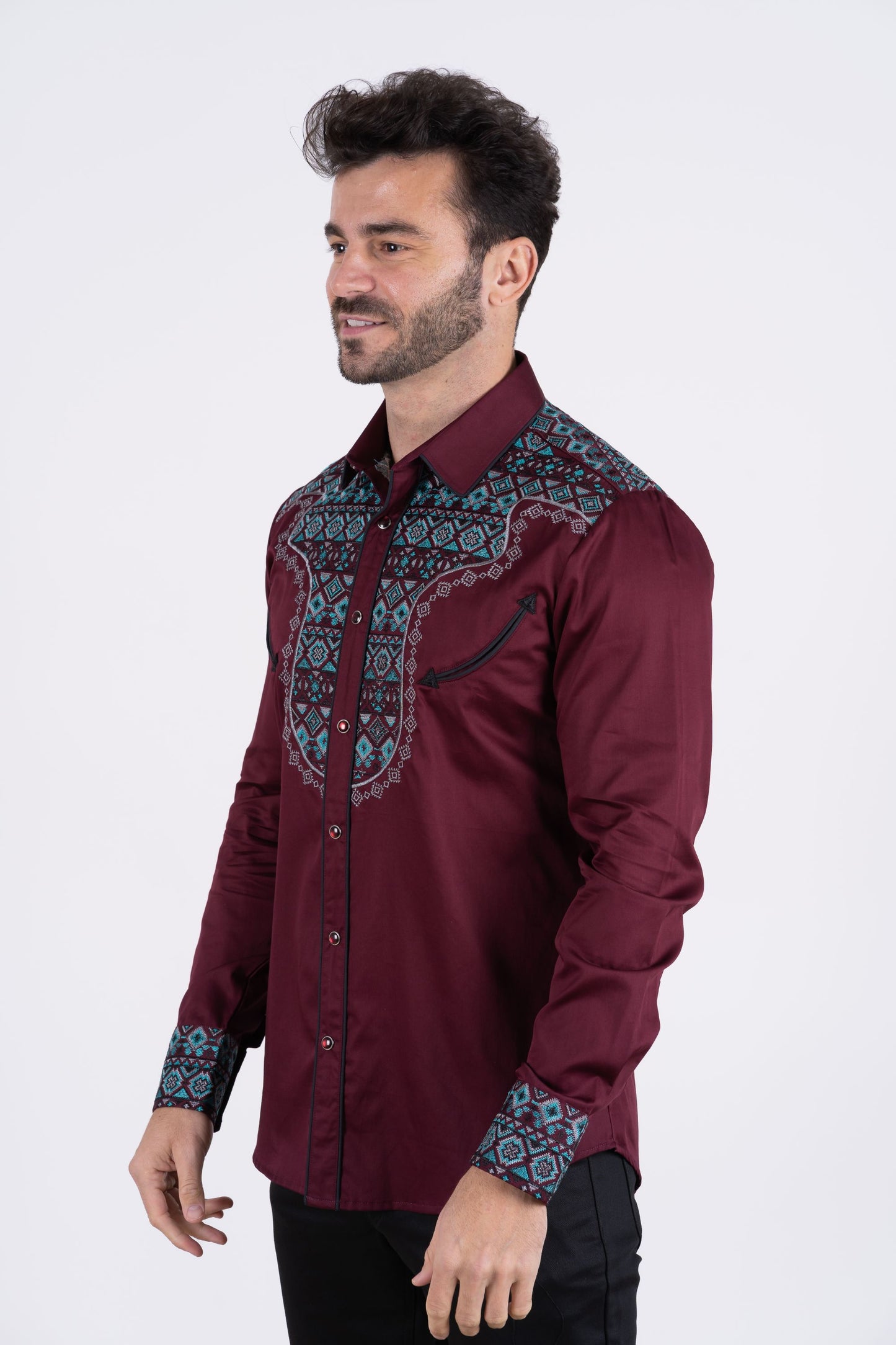 Men's Cotton Burgundy Embroidery Western Shirt