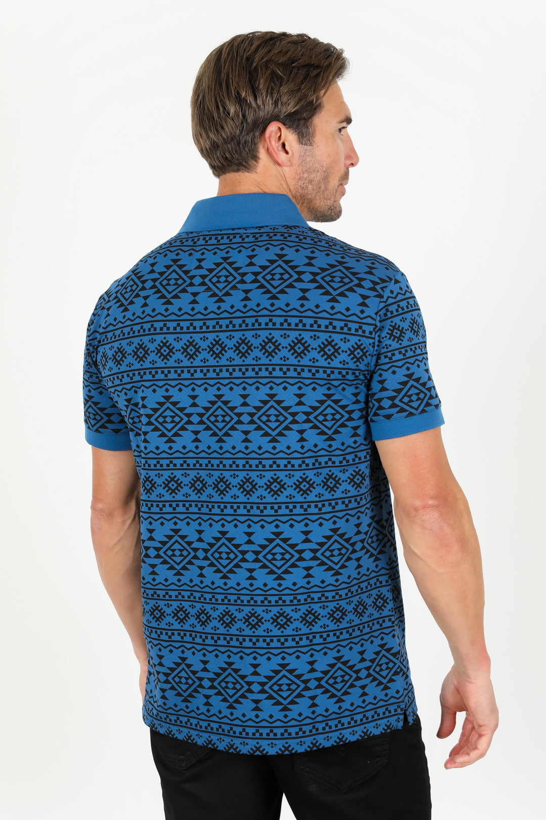 Men Blue Print Polo Neck T-shirt