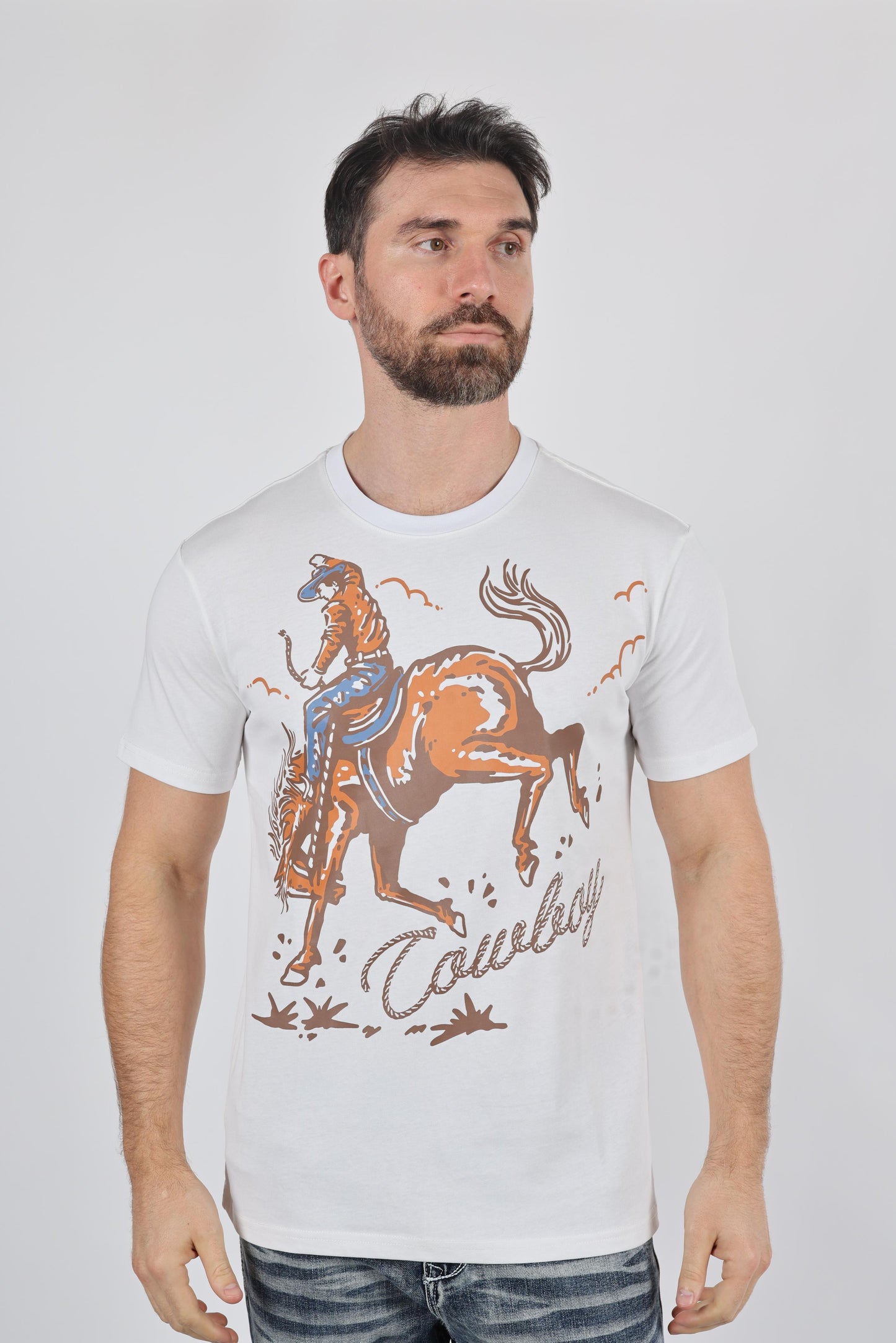 Mens Modern Fit Cotton Stretch Horse-Rider Print T-Shirt