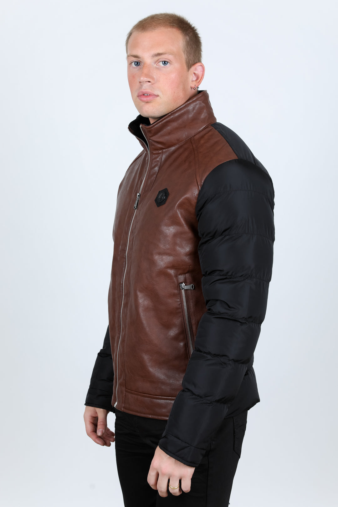 Mens Faux Leather Coat - Cognac/Black – Platini Fashion