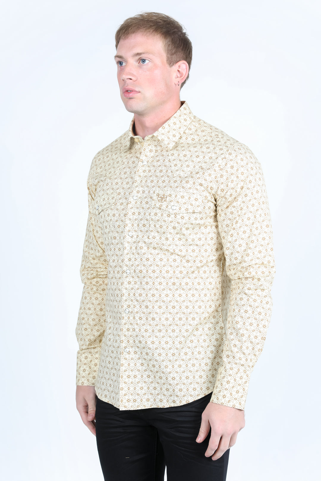 Mens Western Modern Fit Cotton/Spandex Long Sleeve Shirt with Snaps - Beige