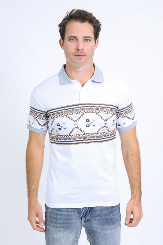 Men's Aztec Panoramic Print White Polo