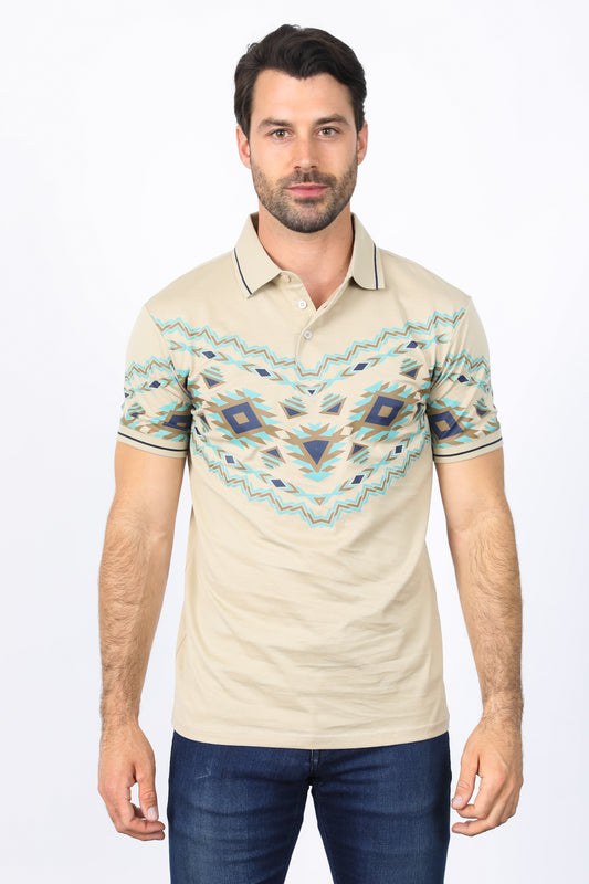 Men's Beige Aztec Panoramic Print Polo