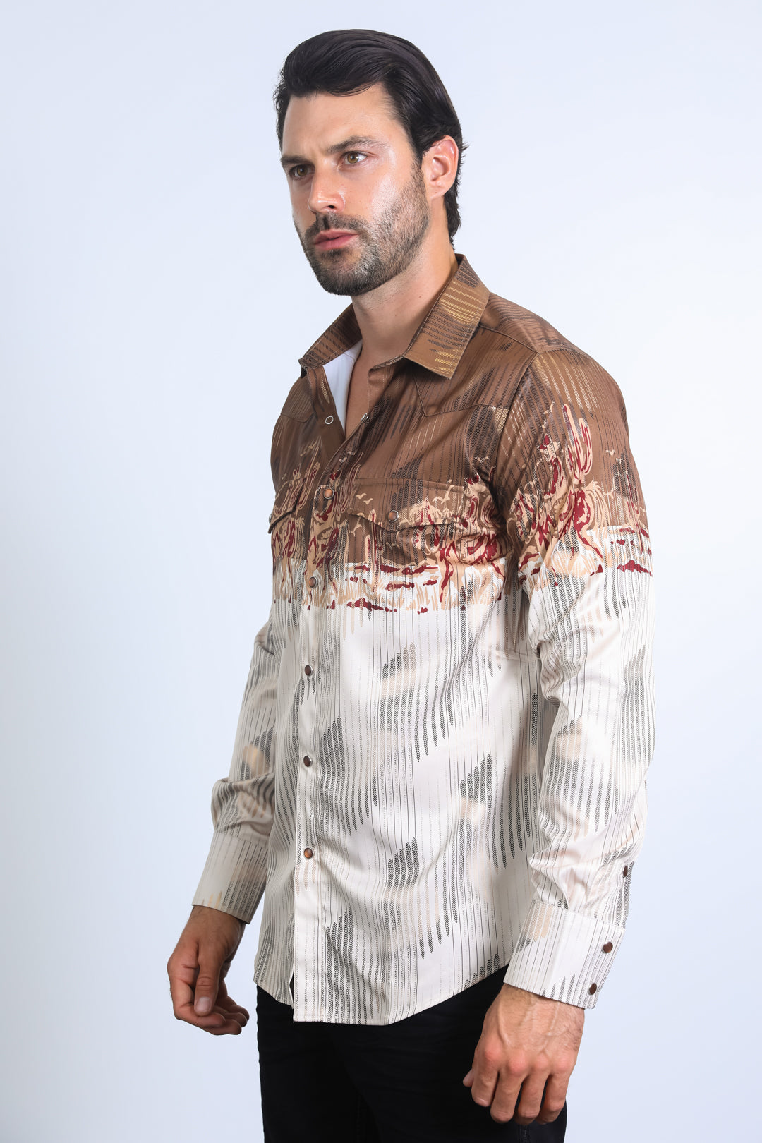 Mens Modern Fit Panoramic Foil Print Shirt - Beige