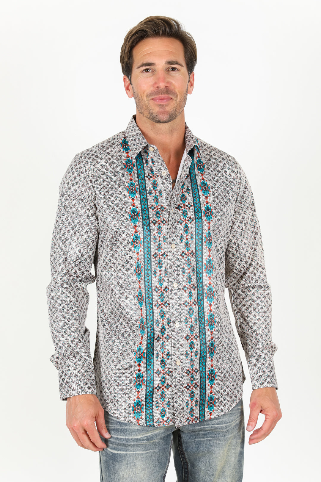 Mens Modern Fit Stretch Aztec Foiled Shirt - Beige