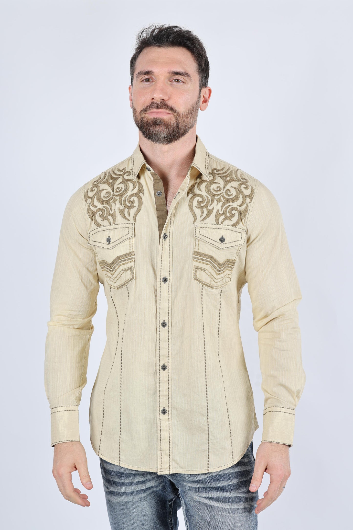 Mens Vintage Washed 2-tone Embroidery Modern Fit Stretch Shirt