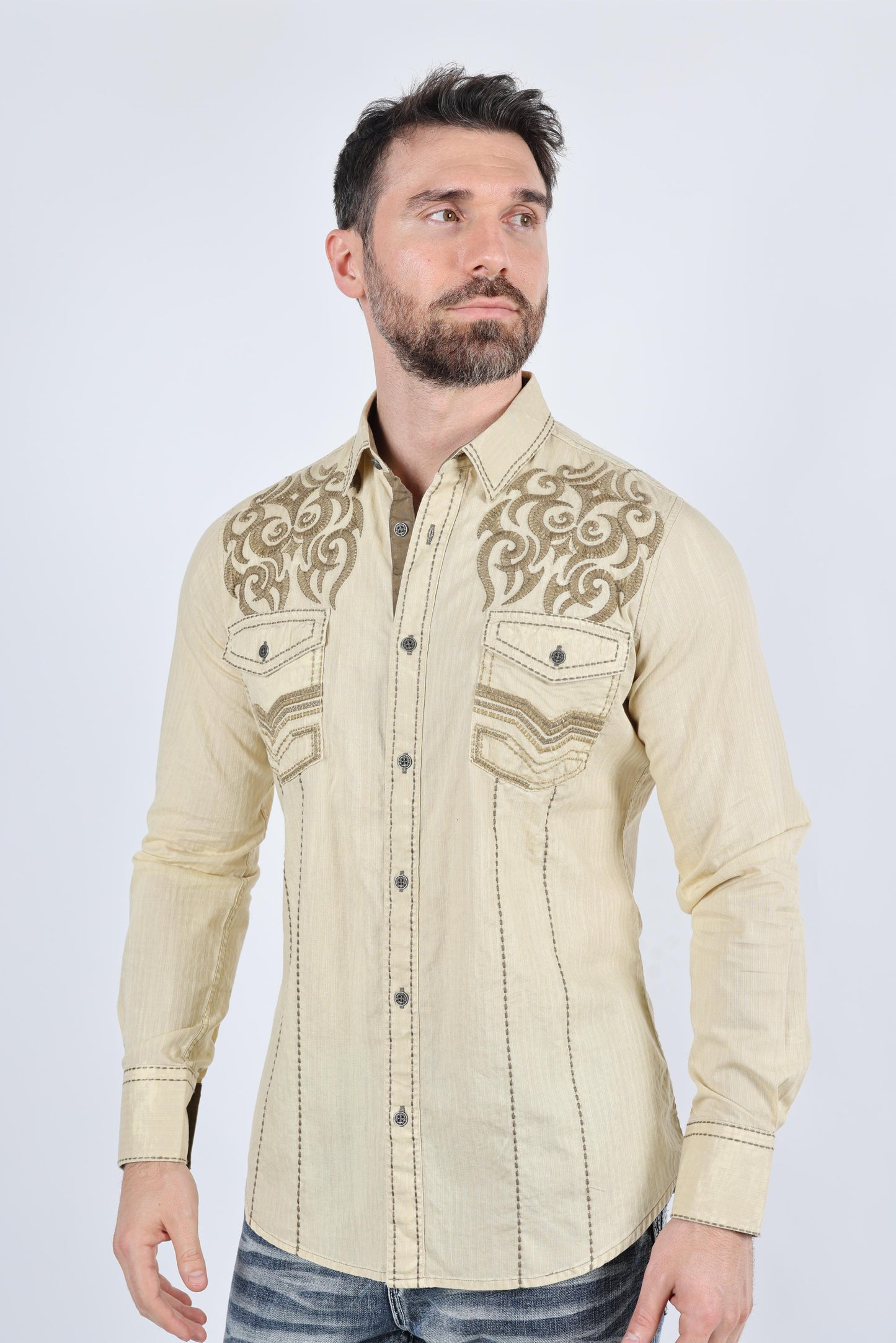 Mens Vintage Washed 2-tone Embroidery Modern Fit Stretch Shirt