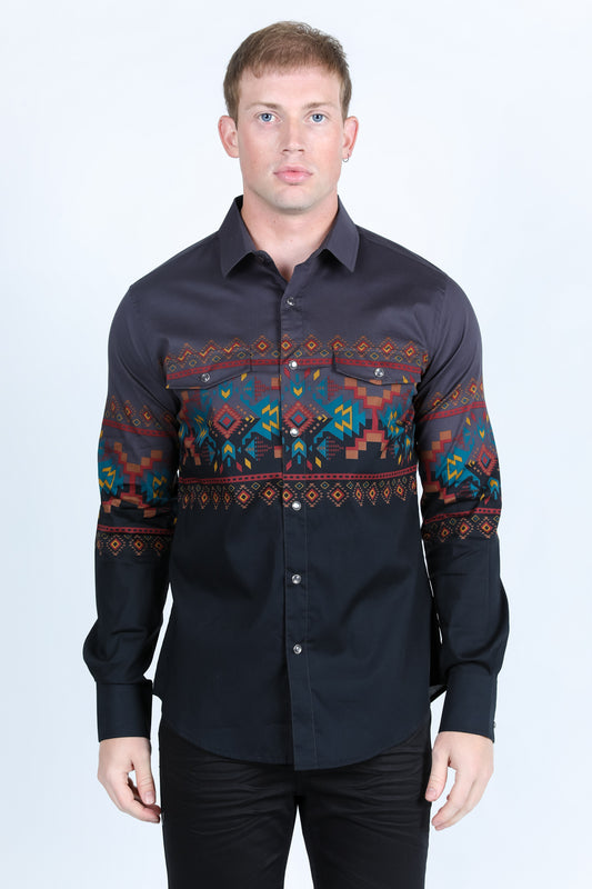 Men's Modern Fit Panoramic Aztec Print Long Sleeve Shirt - Black