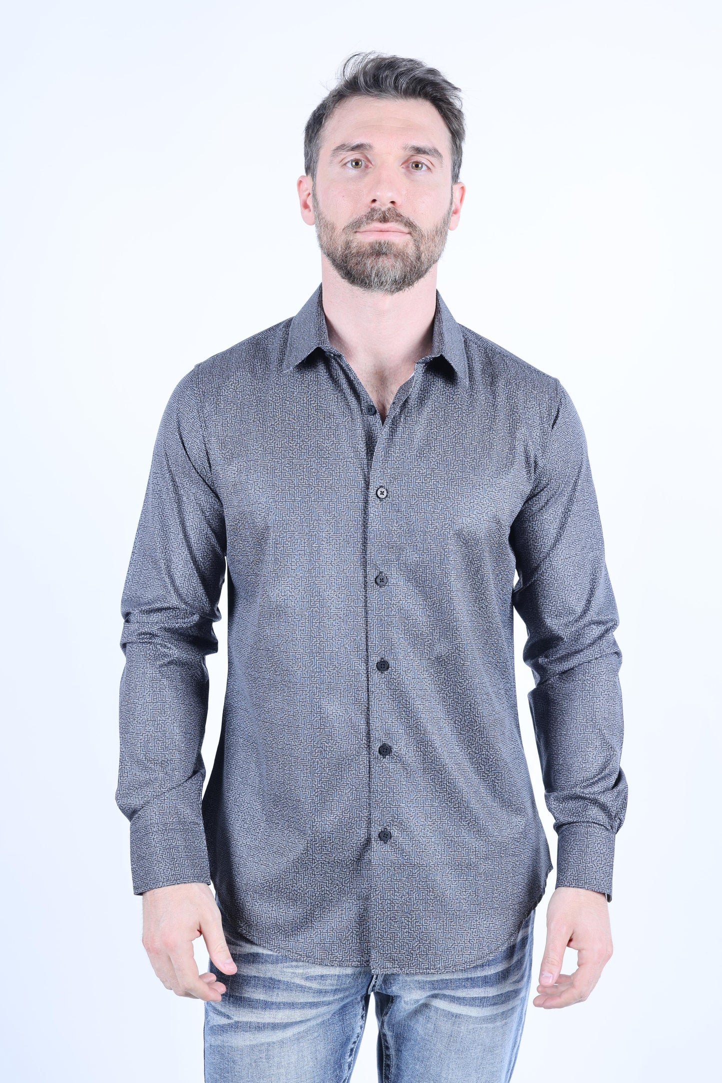 Mens Modern Fit Stretch Foiled Black Long Sleeve Shirt