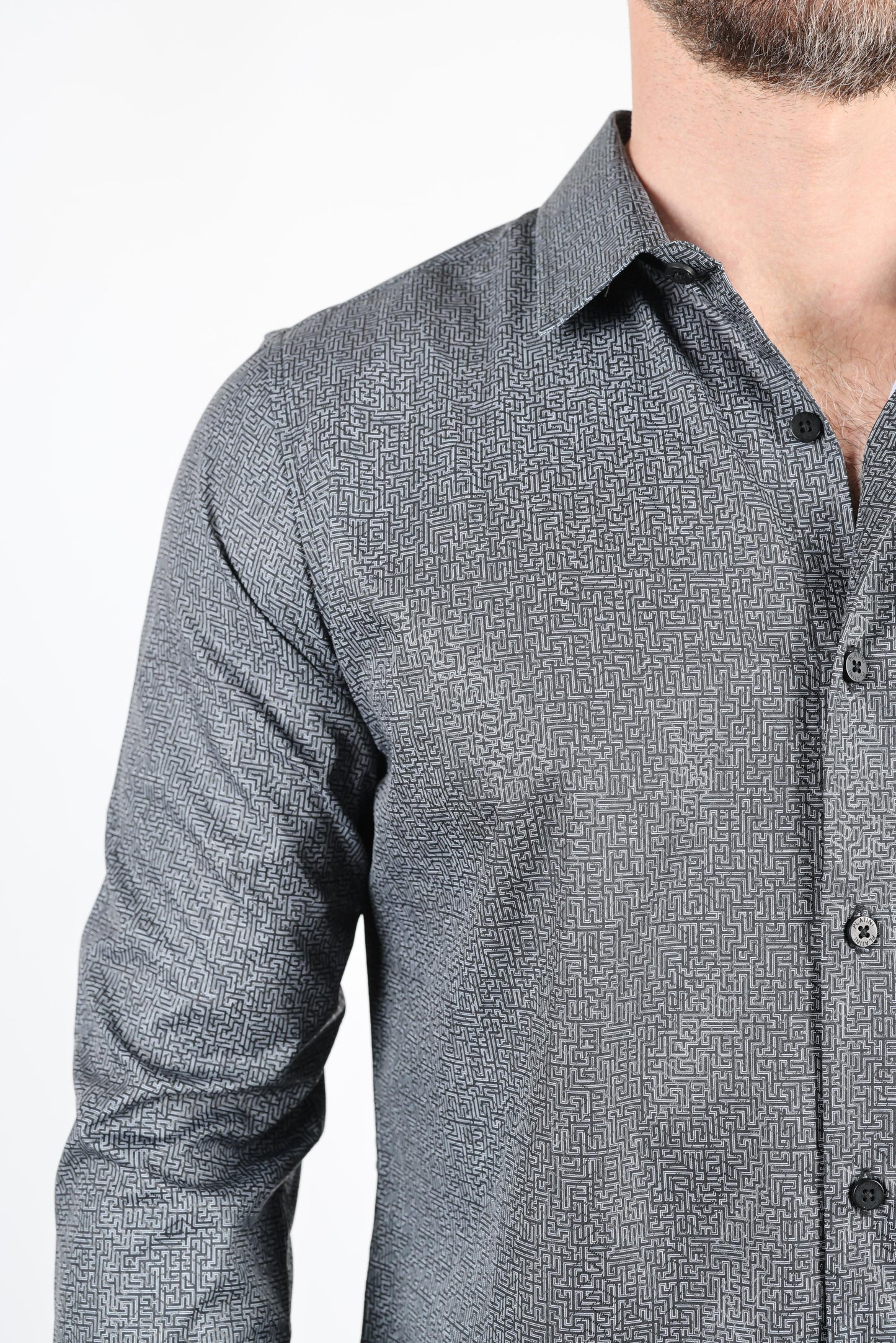 Mens Modern Fit Stretch Foiled Black Long Sleeve Shirt