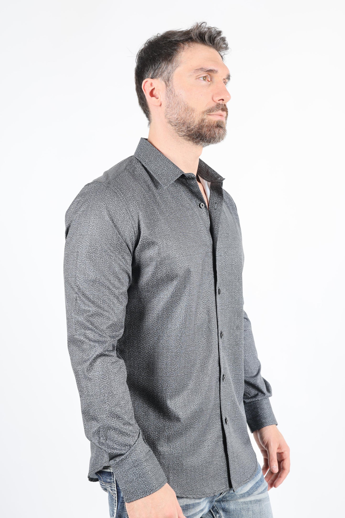 Mens Modern Fit Stretch Foiled Black Long Sleeve Shirt