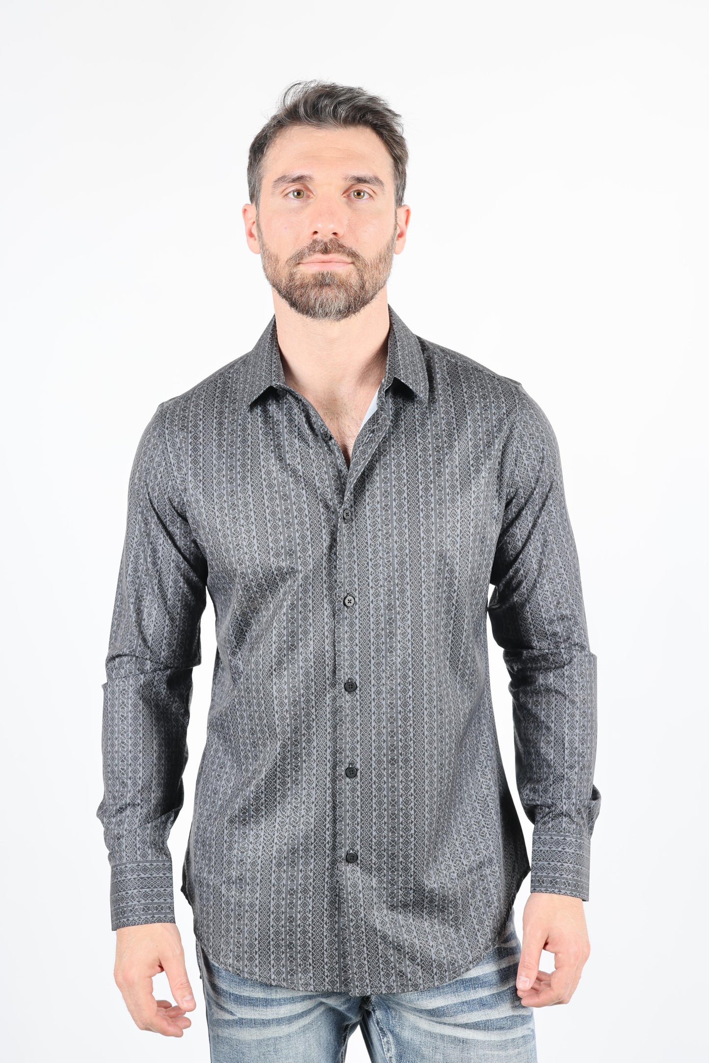 Mens Modern Fit Stretch Foiled Black Long Sleeve Shirt