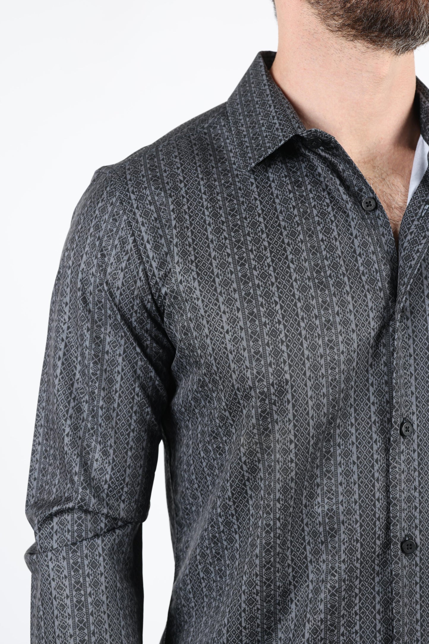 Mens Modern Fit Stretch Foiled Black Long Sleeve Shirt