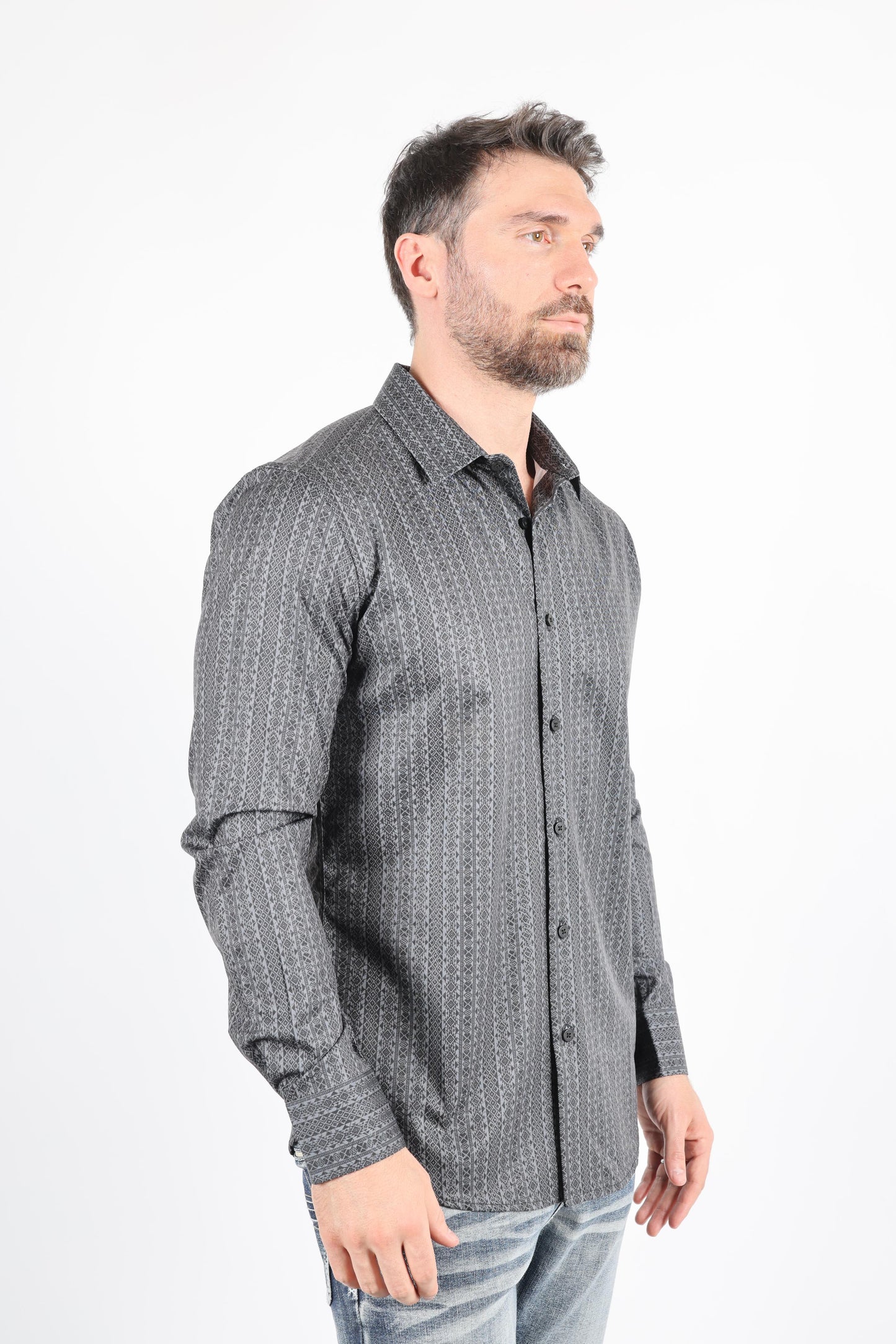 Mens Modern Fit Stretch Foiled Black Long Sleeve Shirt