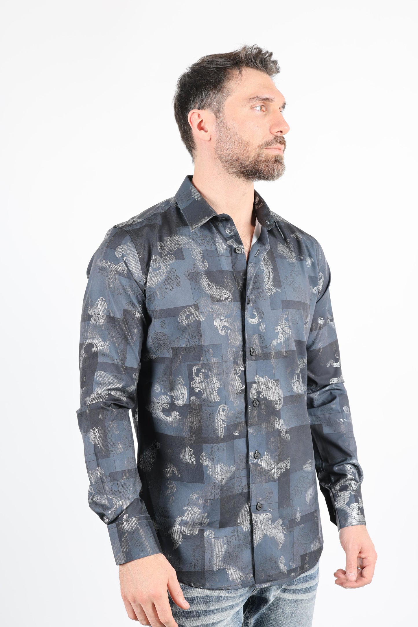 Mens Modern Fit Stretch Foiled Black Long Sleeve Shirt