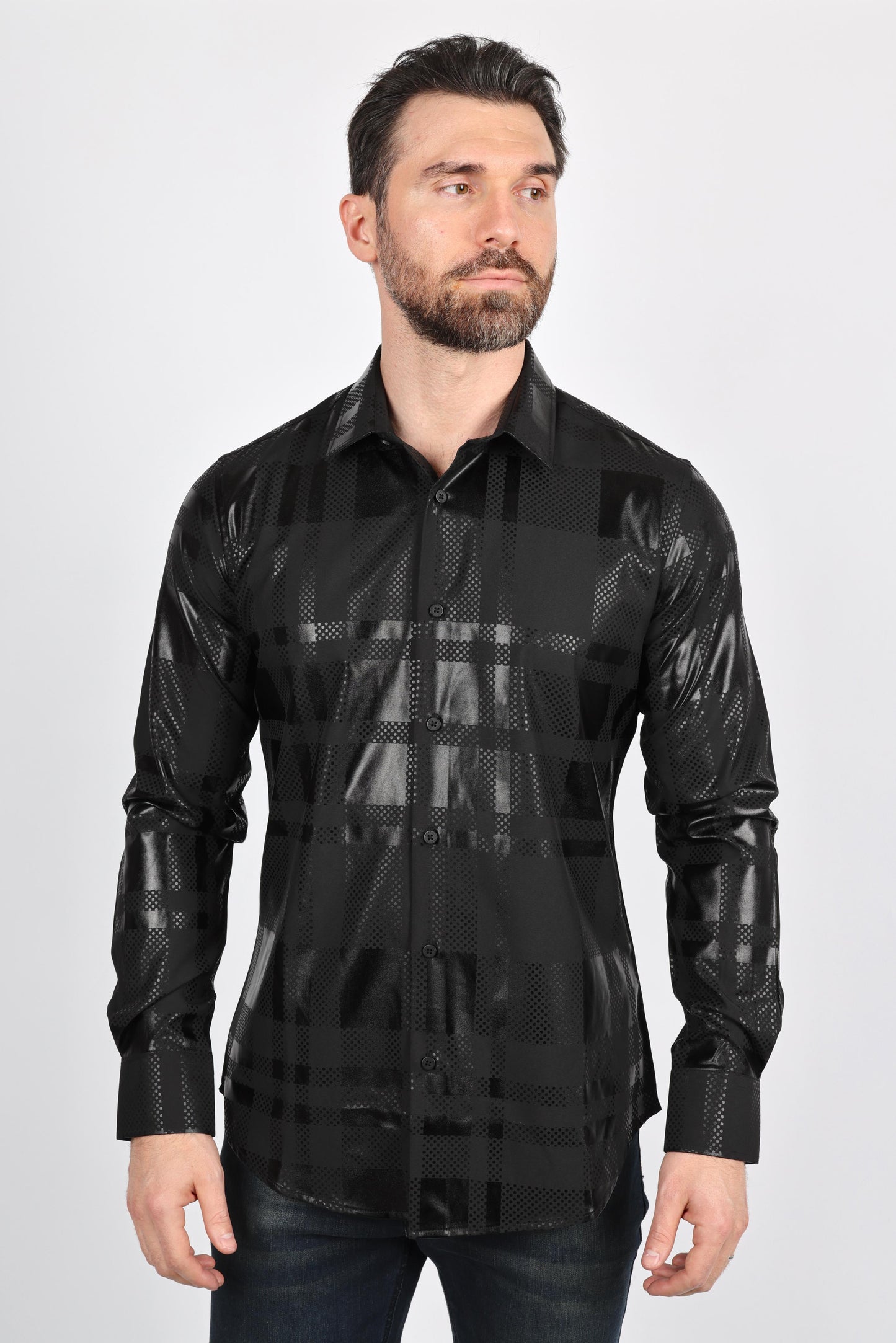 Mens Modern Fit Stretch Foiled Black Long Sleeve Shirt