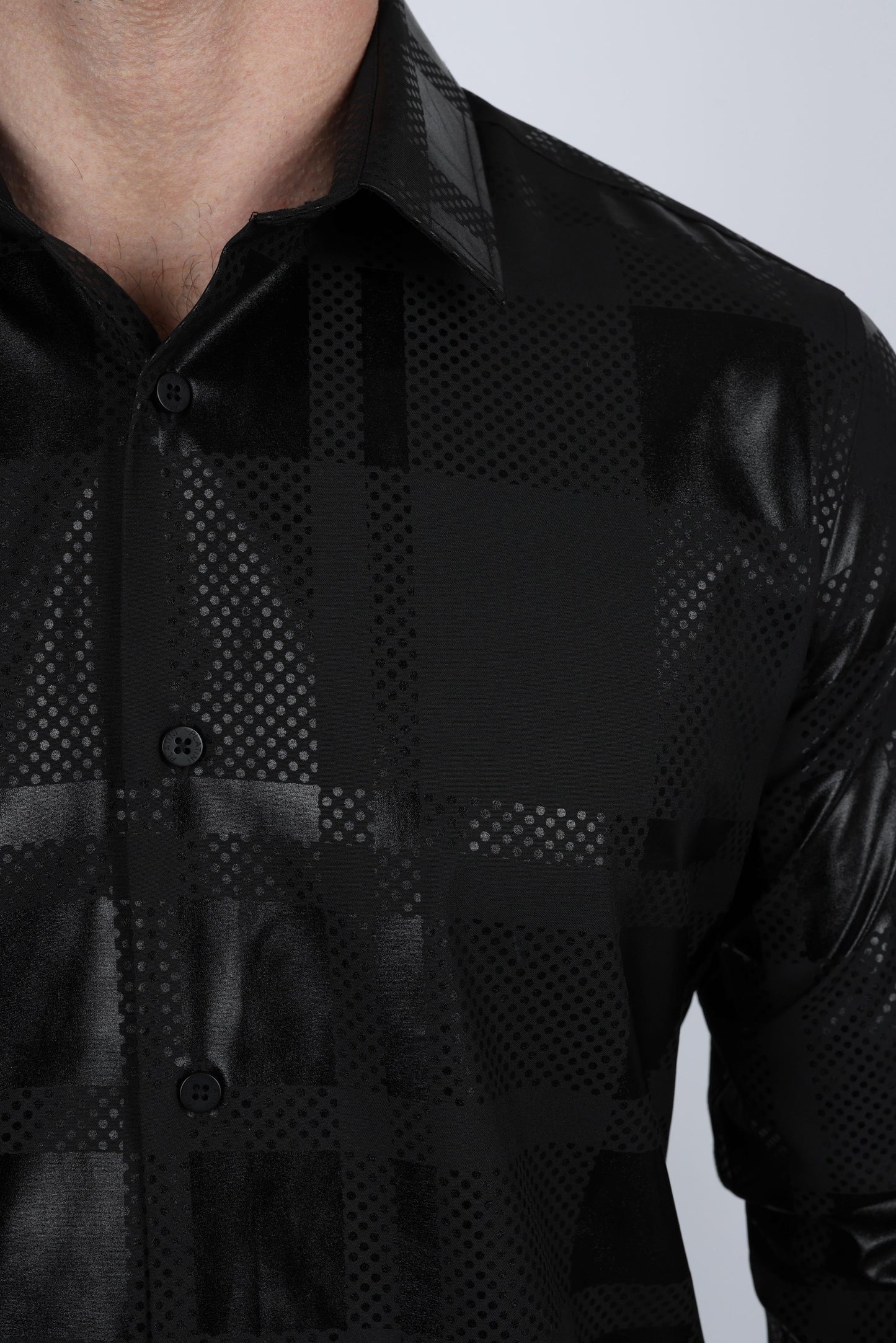 Mens Modern Fit Stretch Foiled Black Long Sleeve Shirt