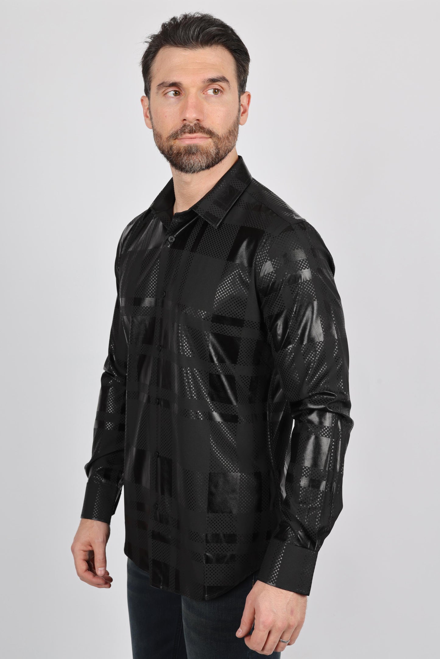 Mens Modern Fit Stretch Foiled Black Long Sleeve Shirt