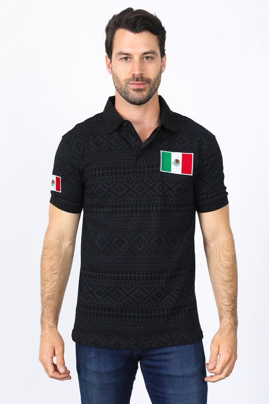 Mens Modern Fit Stretch MEXICO Cotton Polo with Aztec Print