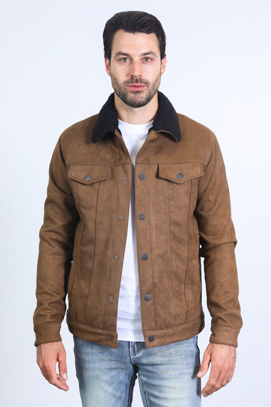 Mens Sherpa Lined Faux Suede Jacket - Brown