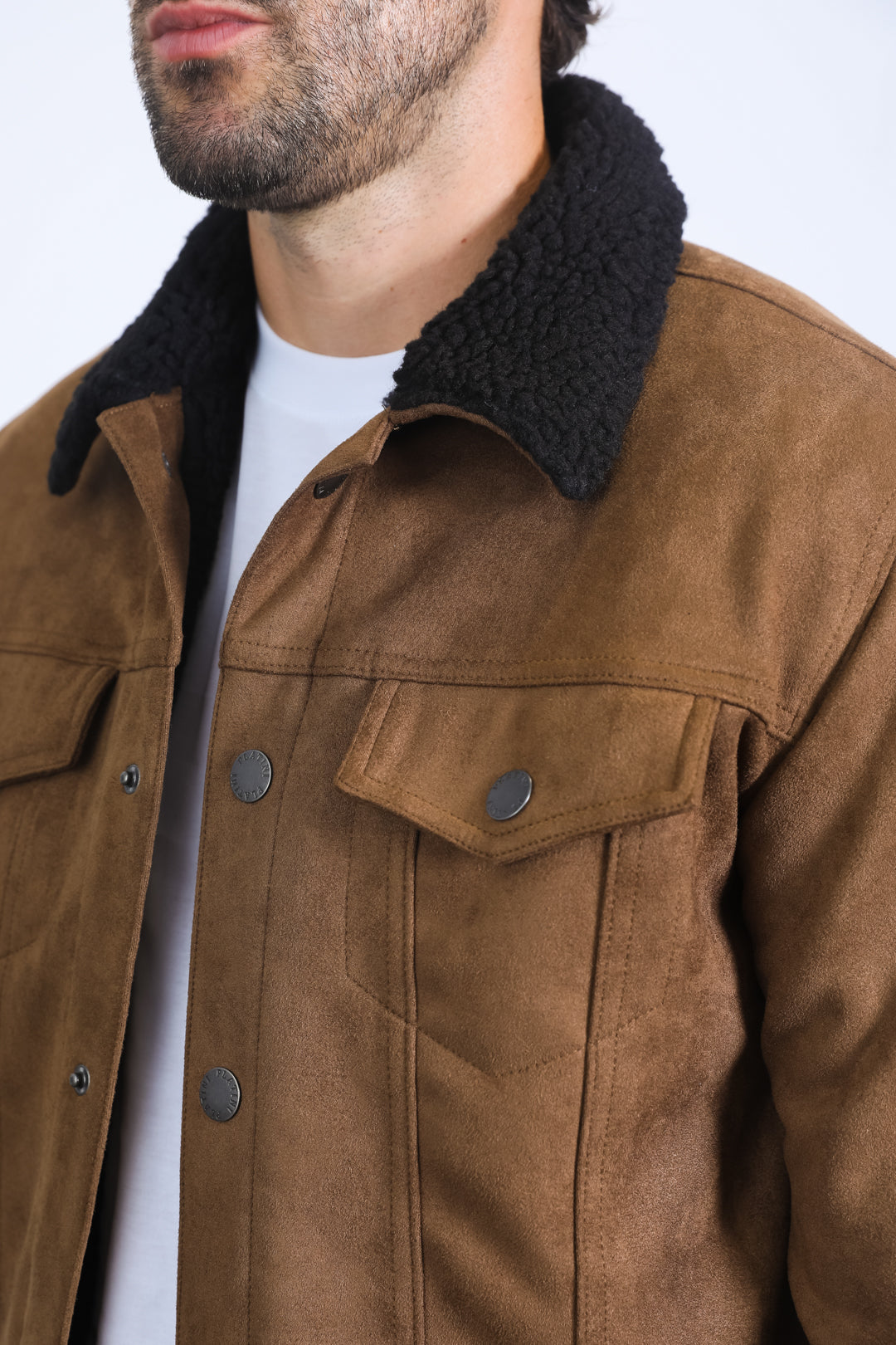 Mens Sherpa Lined Faux Suede Jacket - Brown