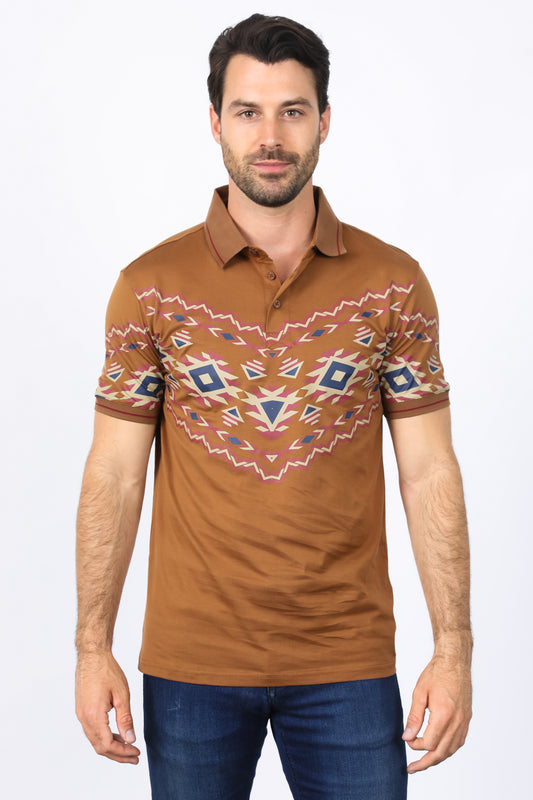 Men's Camel Aztec Panoramic Print Polo