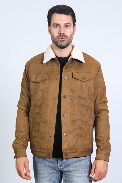 Mens Sherpa Lined Faux Suede Jacket Camel