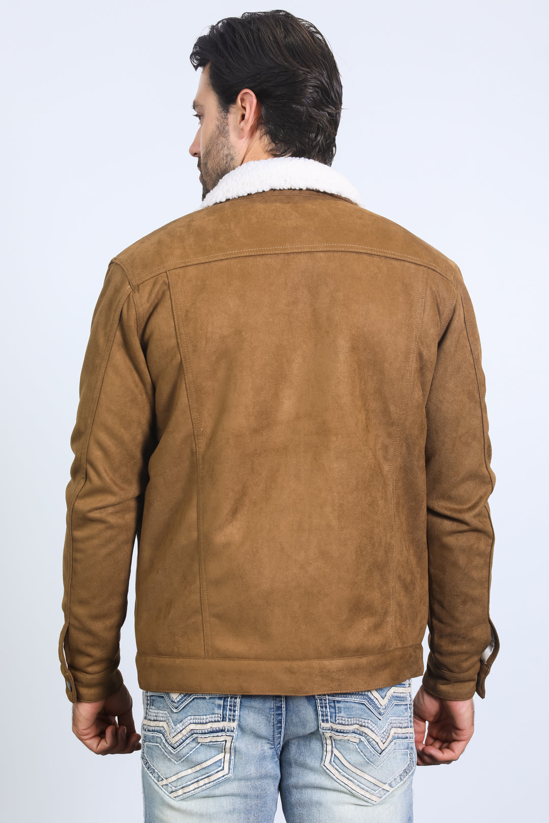 Mens Sherpa Lined Faux Suede Jacket - Camel