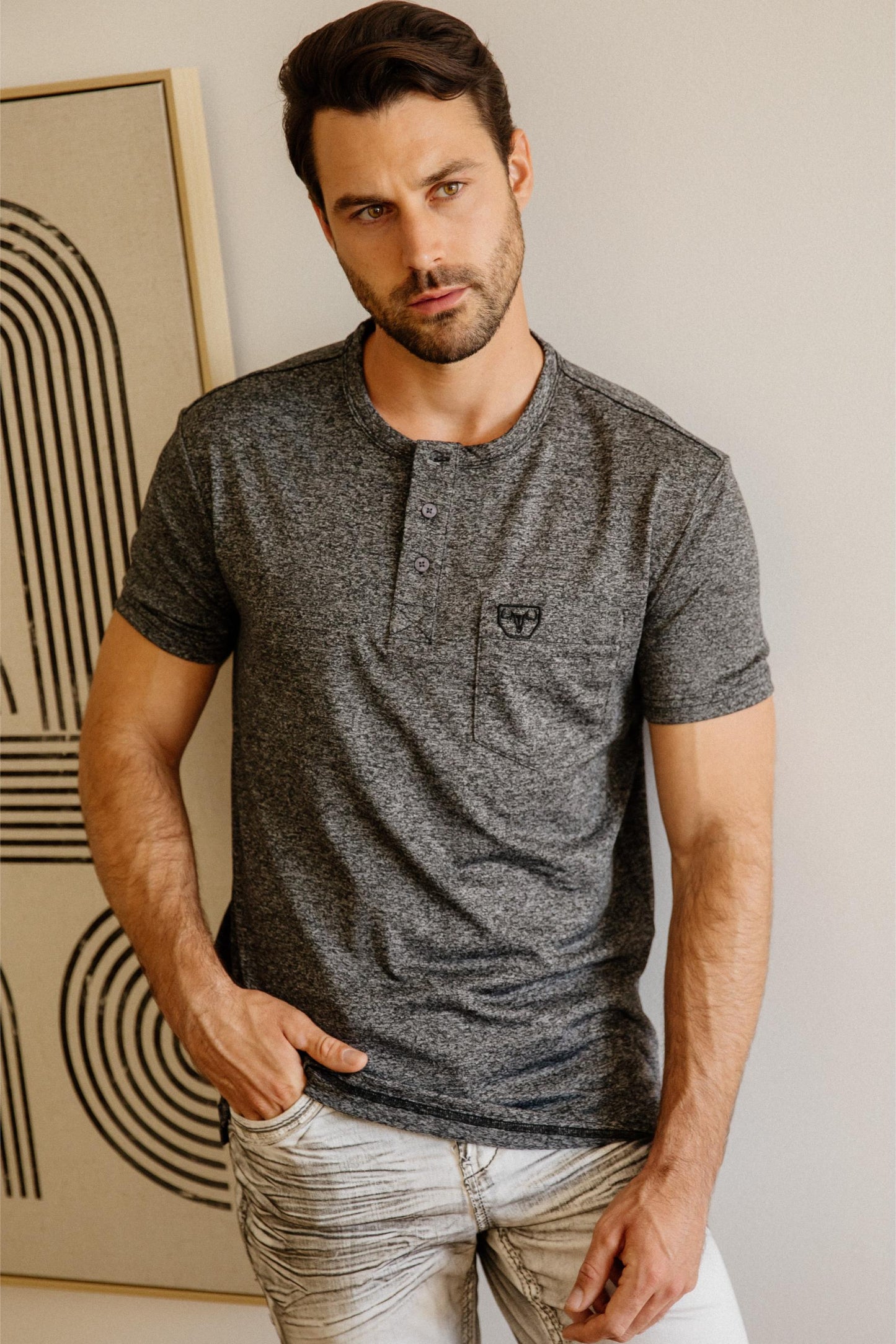 Mens Modern Fit Stretch Henley T-Shirt with Logo