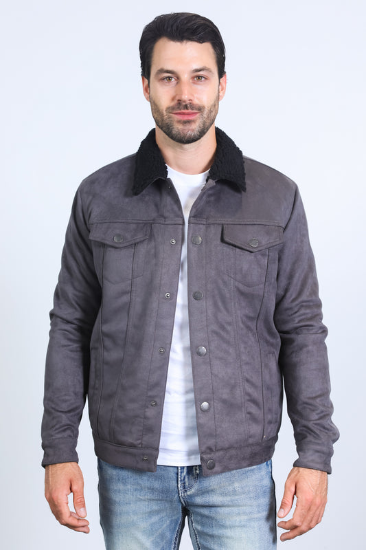 Mens Sherpa Lined Faux Suede Jacket - Charcoal