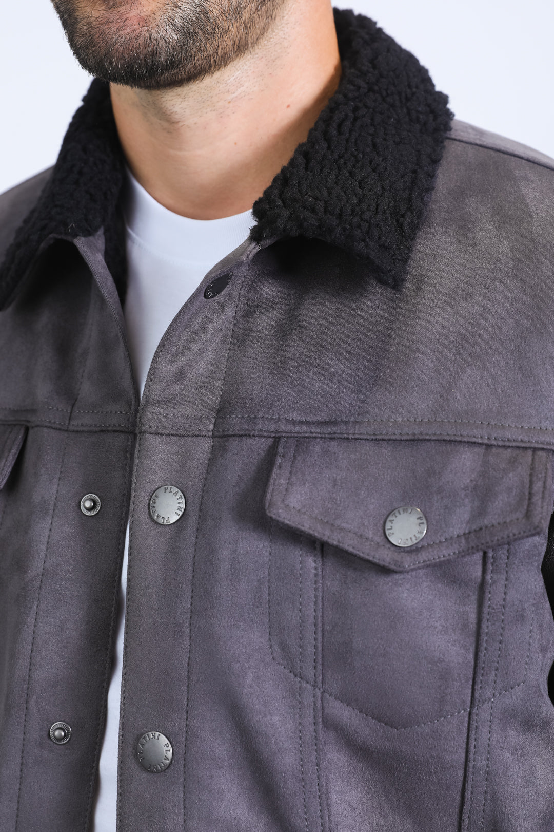 Mens Sherpa Lined Faux Suede Jacket - Charcoal