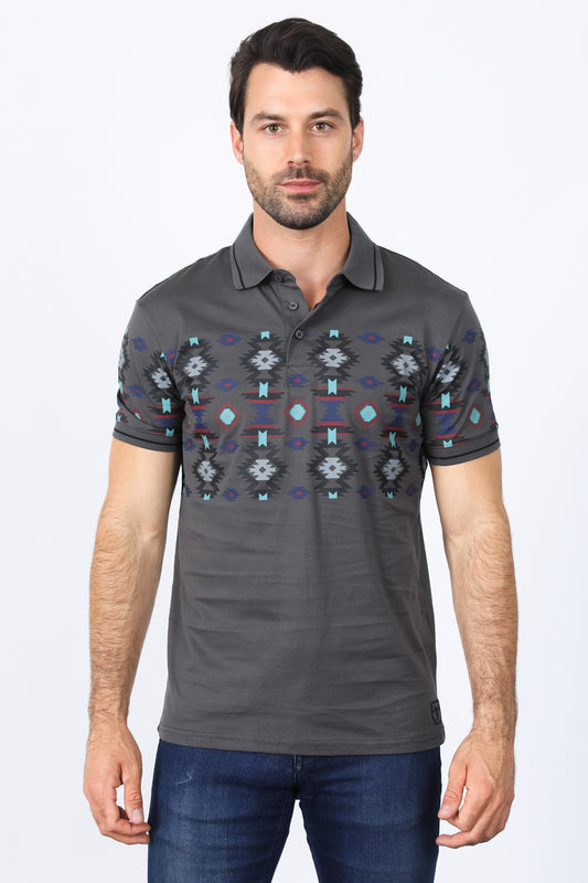 Mens Modern Fit Stretch Cotton Aztec Panoramic Print Polo