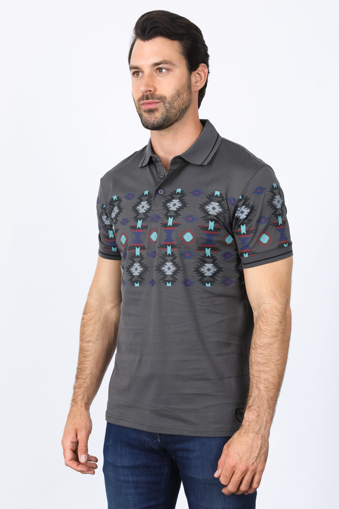 Mens Modern Fit Stretch Cotton Aztec Panoramic Print Polo