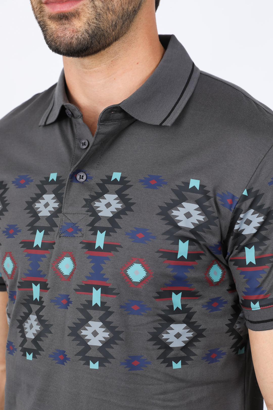 Mens Modern Fit Stretch Cotton Aztec Panoramic Print Polo