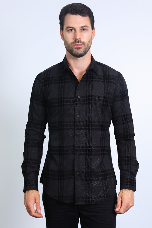 Men's Checkered Flocked Modern Fit Spandex Black Shirt