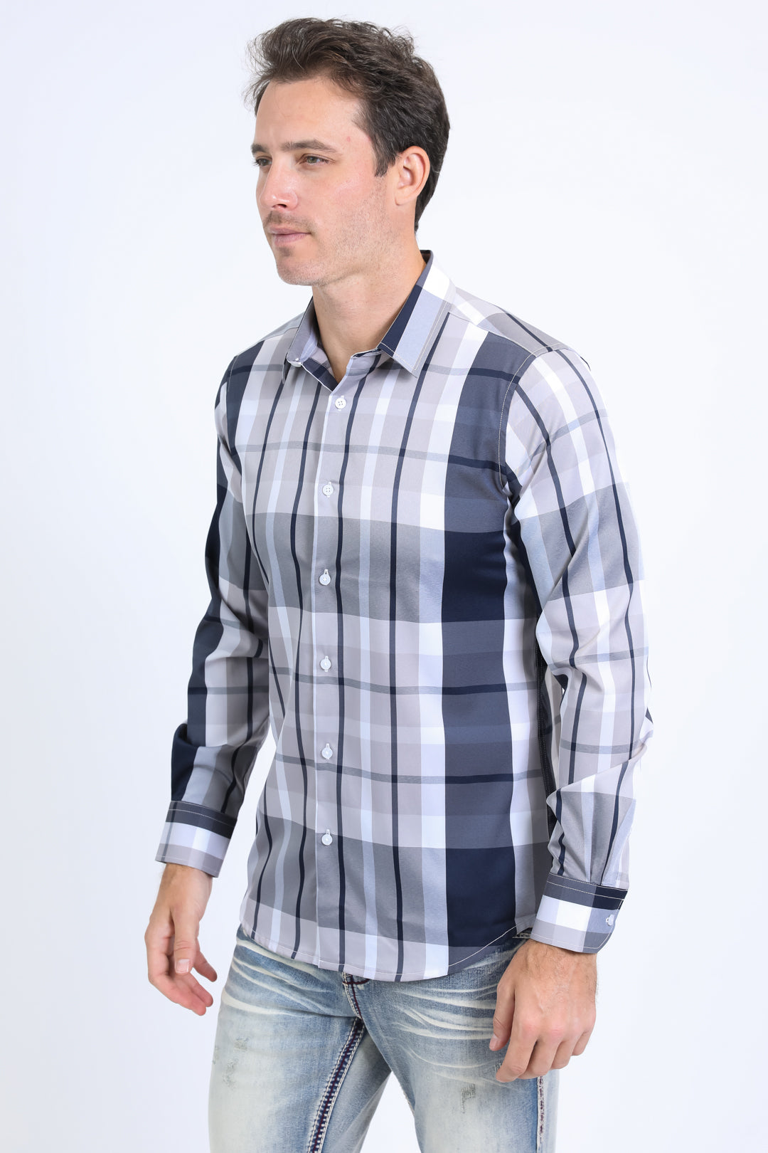 Mens Checkered Long Sleeve Grey Shirt