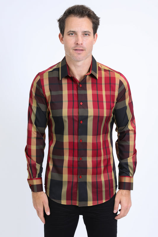 Mens Checkered Long Sleeve Red Shirt