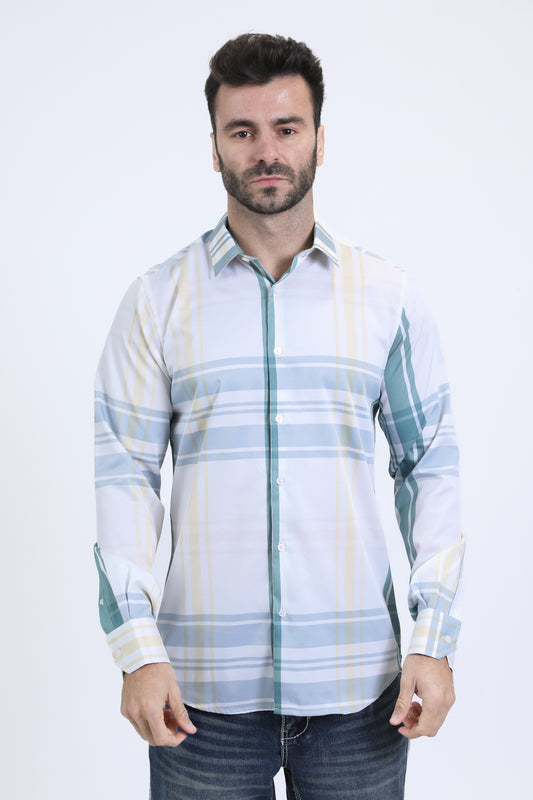 Mens Checkered Long Sleeve White Shirt