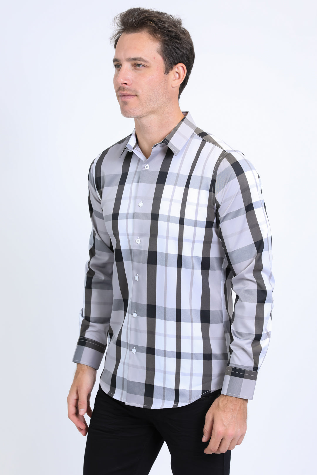 Mens Checkered Long Sleeve White Shirt