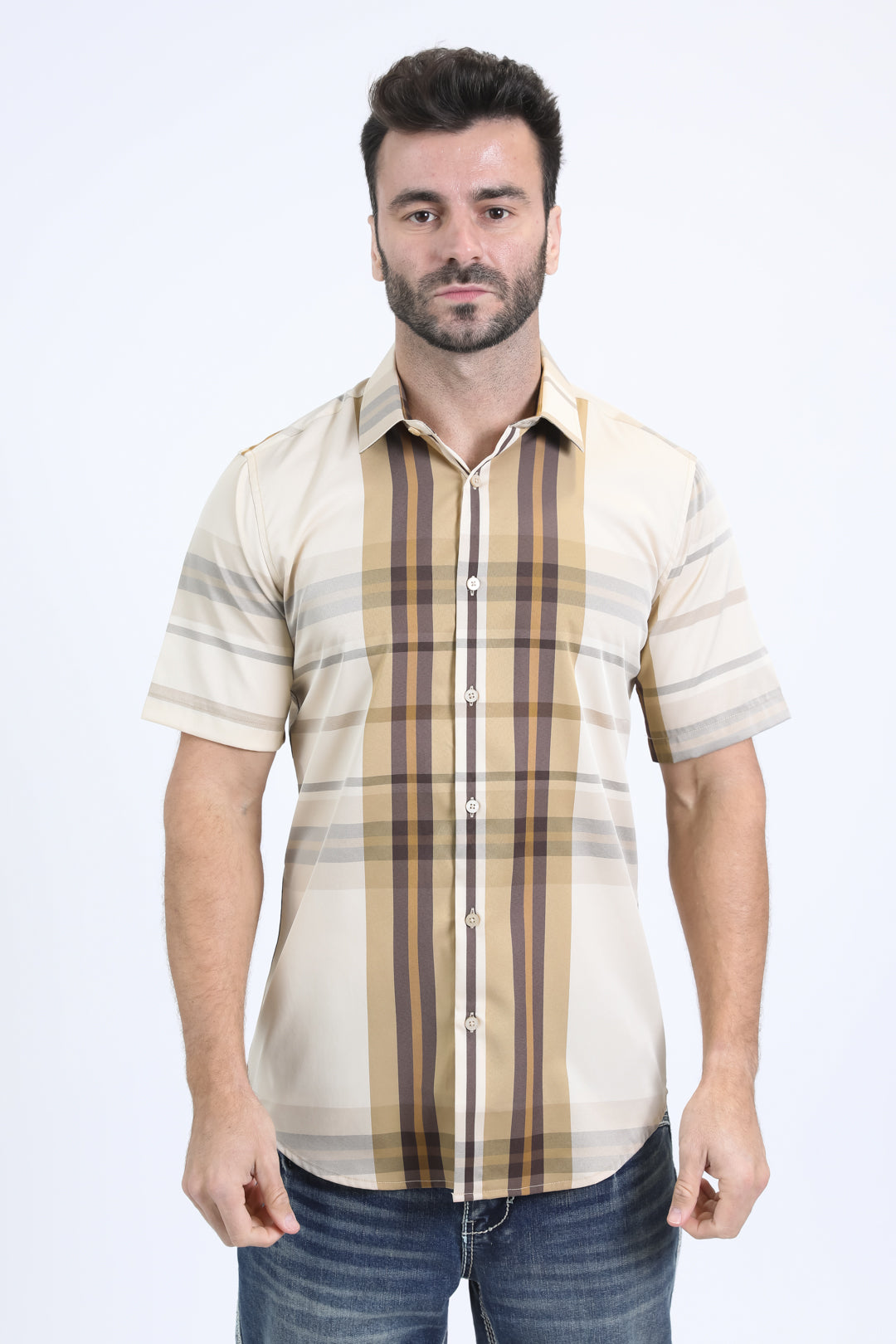 Mens Checkered Short Sleeve Beige Shirt