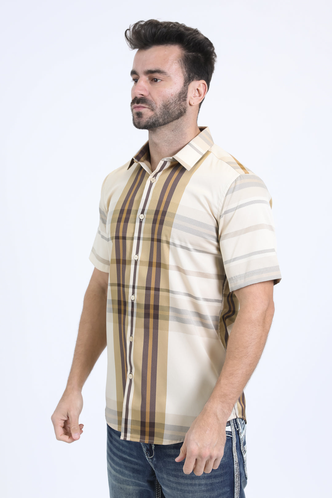 Mens Checkered Short Sleeve Beige Shirt