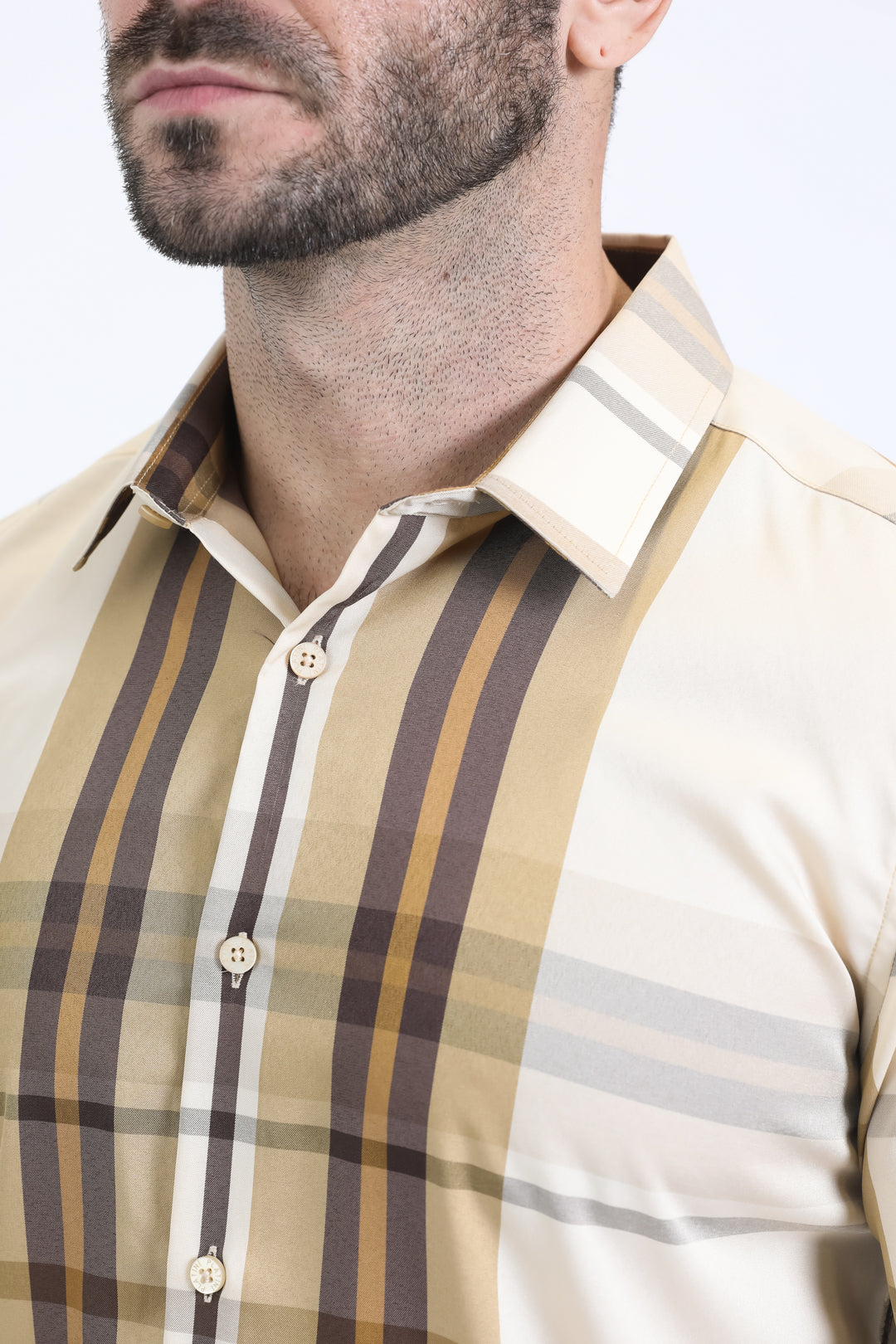 Mens Checkered Short Sleeve Beige Shirt